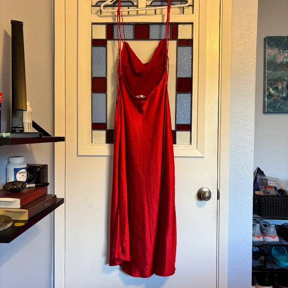 Red Open Back Satin Midi Dress - Picture 6 of 7